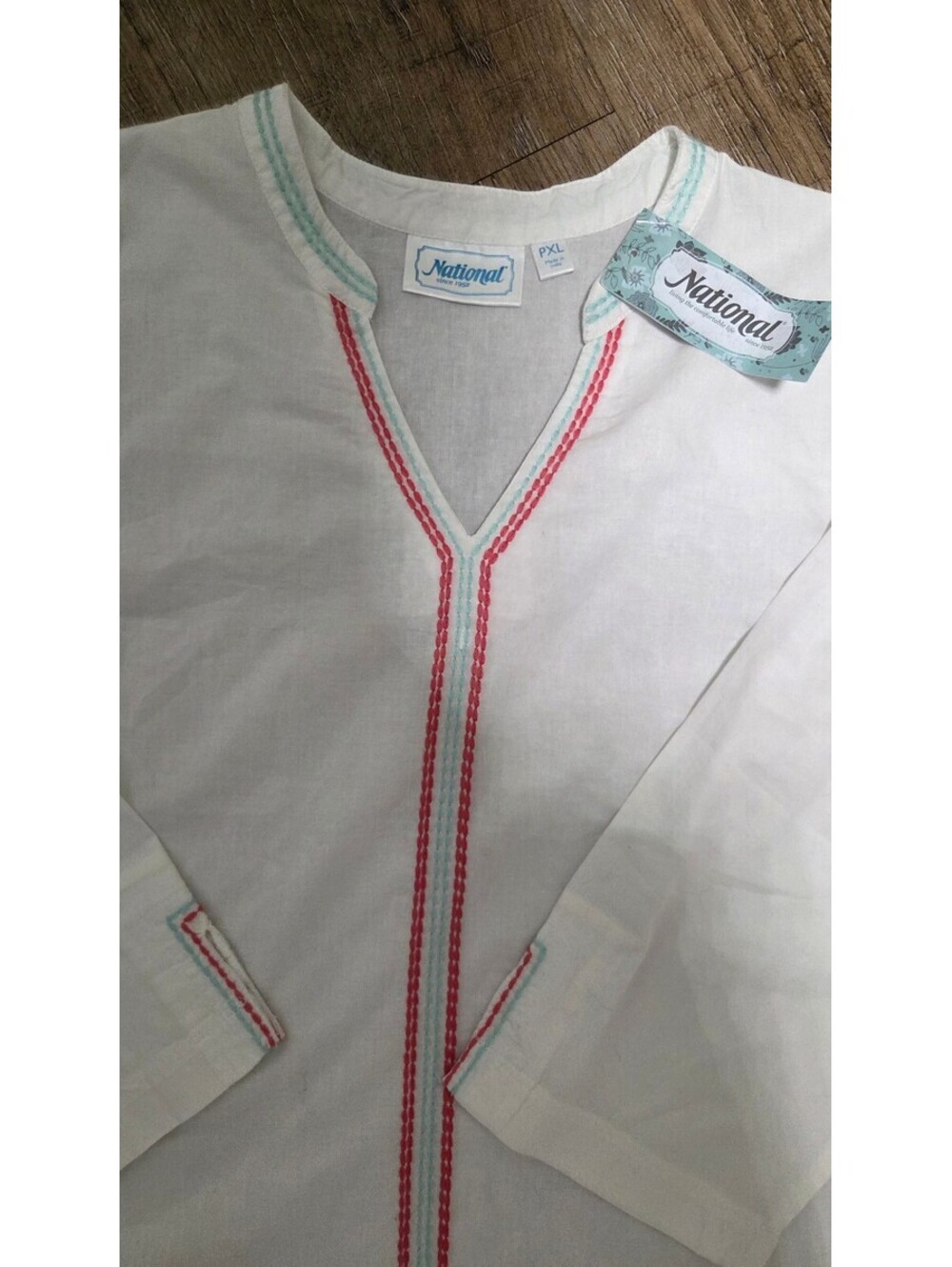 National Brand White Cotton Tunic with pink and Blue Stitching, Size XL